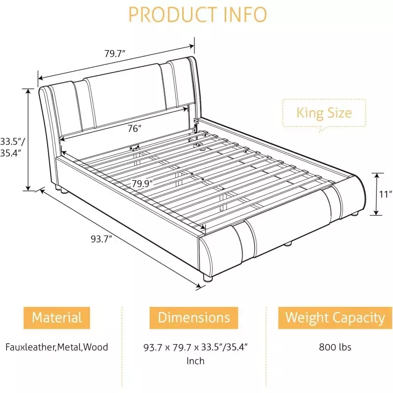 SHA CERLIN-Moldura moderna cama king couro sintético, cabeceira ajustável e acentos de ferro, Deluxe estofados plataforma cama com S