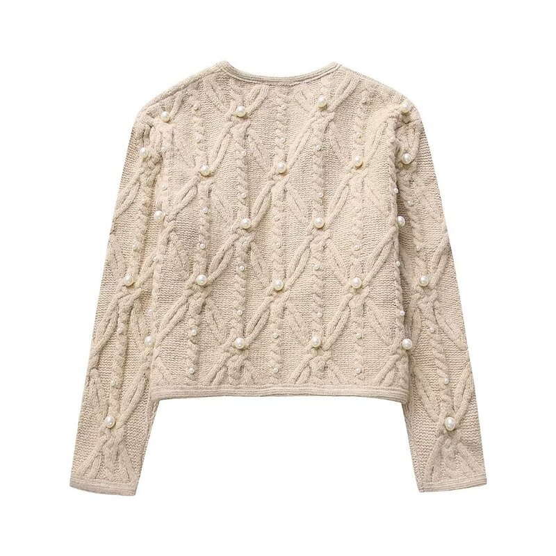 Women New Fashion Artificial pearl decoration Cropped Striped Knitted Cardigan Vintage Long Sleeve Female Outerwear Chic Tops