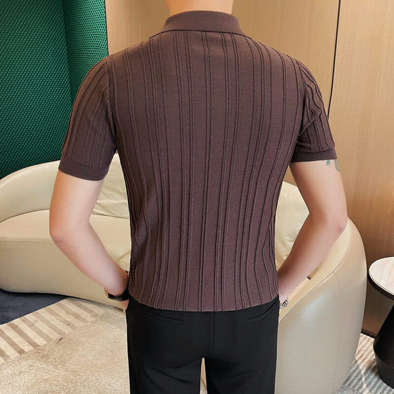 เสื้อโปโลแบบลำลองมีซิปของผู้ชาย, เสื้อโปโลถักลายทางแขนสั้นทรงสลิมฟิต4XL-M ไซส์ใหญ่พิเศษ