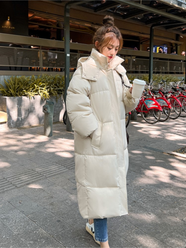 Jaket panjang tebal selutut musim dingin, jaket tebal, jaket musim dingin bertudung longgar, mantel wanita luar baru