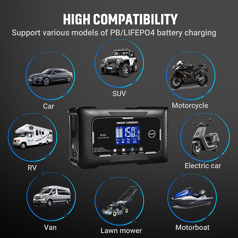 Chargeur de batterie intelligent LCD pour voiture et moto, réparation d'impulsions automatique, plomb-acide, batterie au lithium, 15A, 20A
