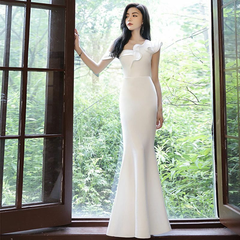 White One Shoulder Evening Dress Women's Light Luxury High end Birthday Elegant Fishtail Long Dress 2024 Summer New Ball Dress
