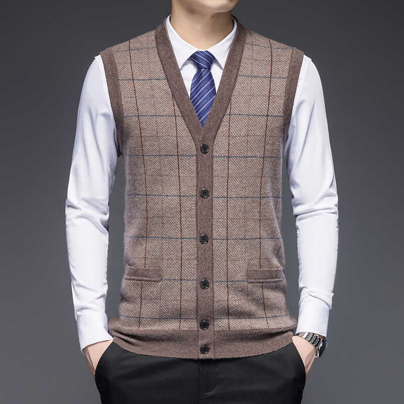 Pure Wool Cardigan Men's Vest V-neck Loose 1005 Wool Sweater High-End Knitted Men's Waistcoat Vest Thickened