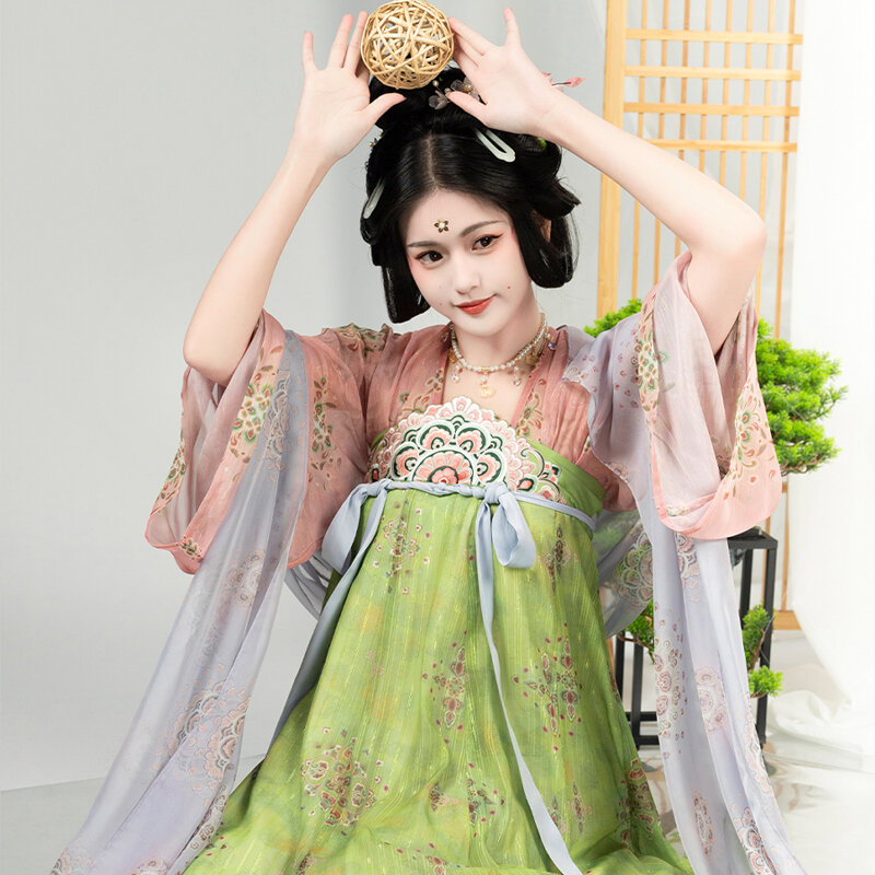 الأصلي ترميم تانغ سلالة النمط الصيني Hanfu الصدر طول تنورة شبه منحرف تنورة الصيف مجموعة خمر الأميرة التطريز