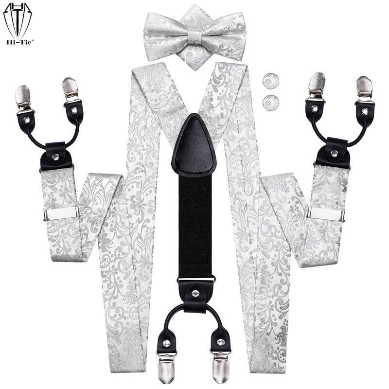 Hi-Tie Jacquard Silk Silver Floral Mens Suspenders Bowtie Hanky Cufflinks Set Adjustable 6 Clips Braces for Trousers Casual Gift