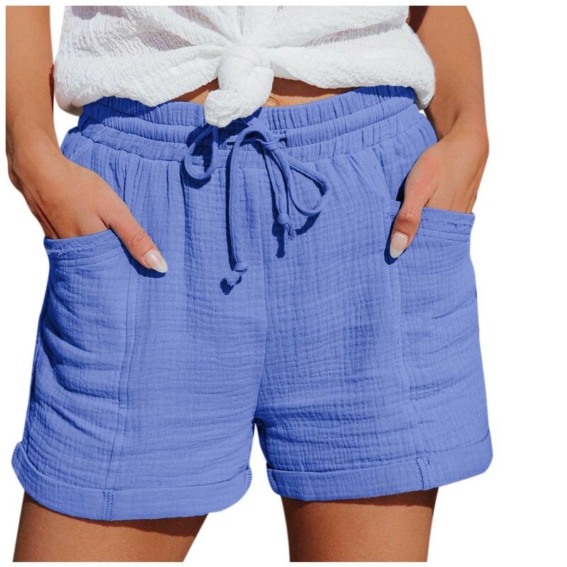 กางเกงขาสั้นเอวสูงสำหรับผู้หญิงกางเกงลำลองขาตรงเอวยางยืดกางเกงแฟชั่นลำลองสำหรับสายกระเป๋าสีพื้น