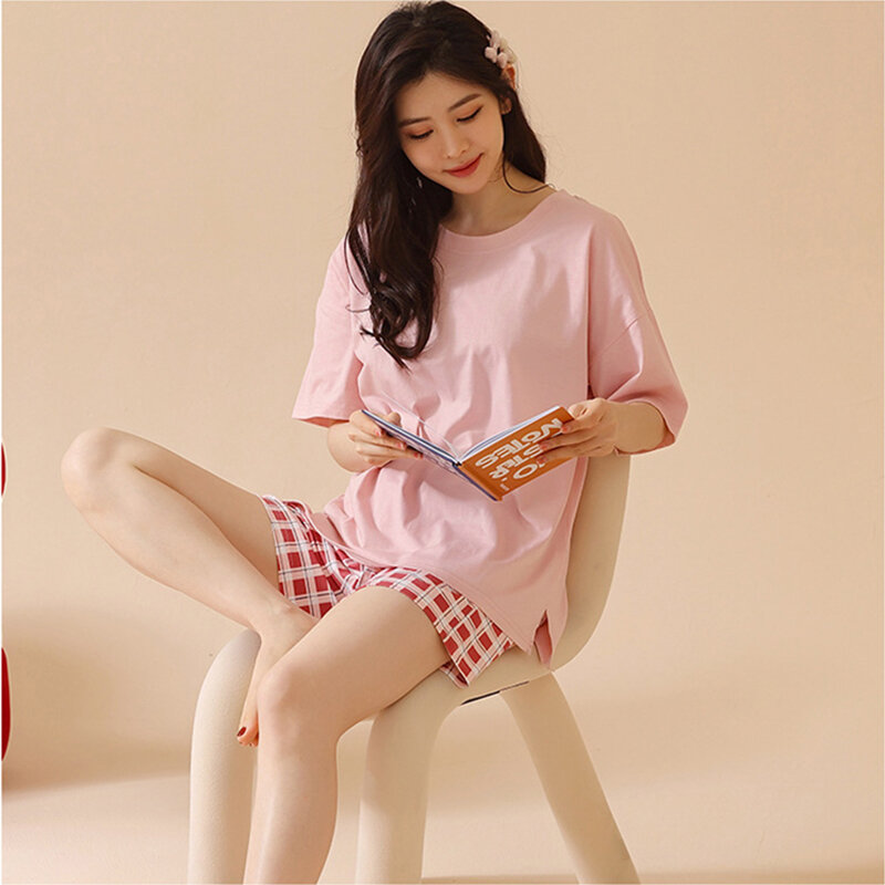 女性のための韓国のパジャマ,愛らしいTシャツ,チェックショーツ,家庭用スーツ,夏