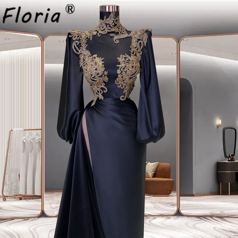 Vintage Aso Ebi hitam lengan panjang putri duyung Formal gaun malam leher tinggi Timur Tengah applique gaun acara khusus vestidos