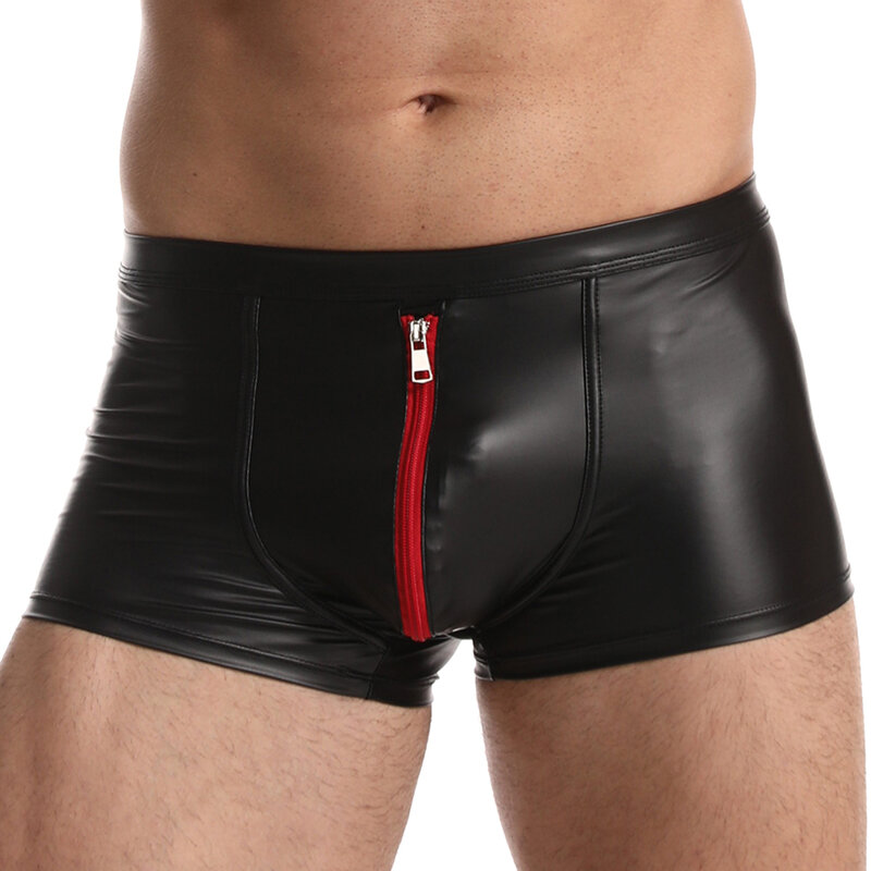 Zipper Boxer Calcinhas Dos Homens Sexy Shorts De Couro Bulge Pouch Cuecas Gay Hot Mens Underwear Suave Slip Briefs Masculino Causal Desgaste