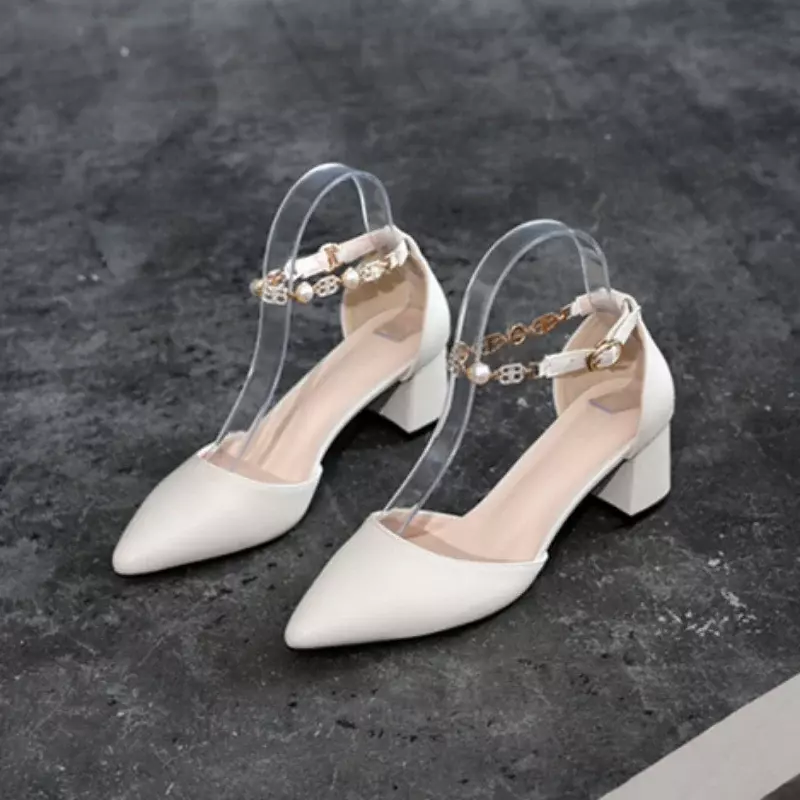 2024 New High-heeled Shoes Pointed Thick Heels Pumps Small Size Buckle Shoe Female Sandals Large Size