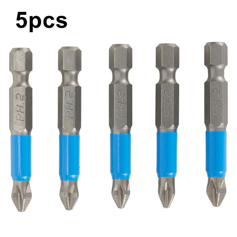 Puntas de destornillador de 1/4 pulgadas, 50mm, 5 piezas, antideslizantes, Cruz Azul y plateada, duraderas, alta dureza