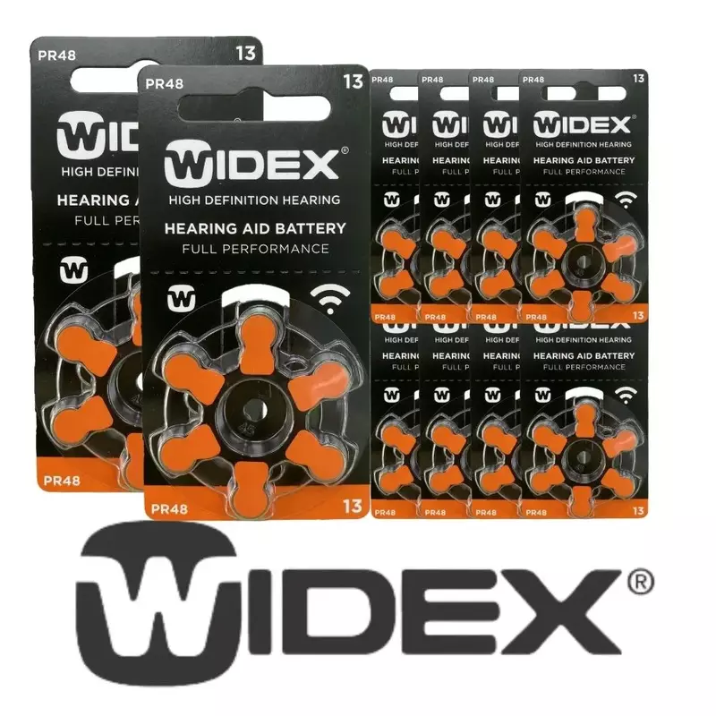 Box of Widex Hearing Aid Batteries, Laranja PR48 Zinc Air, Tamanho 13, A13, 13A, 60 Células de Bateria