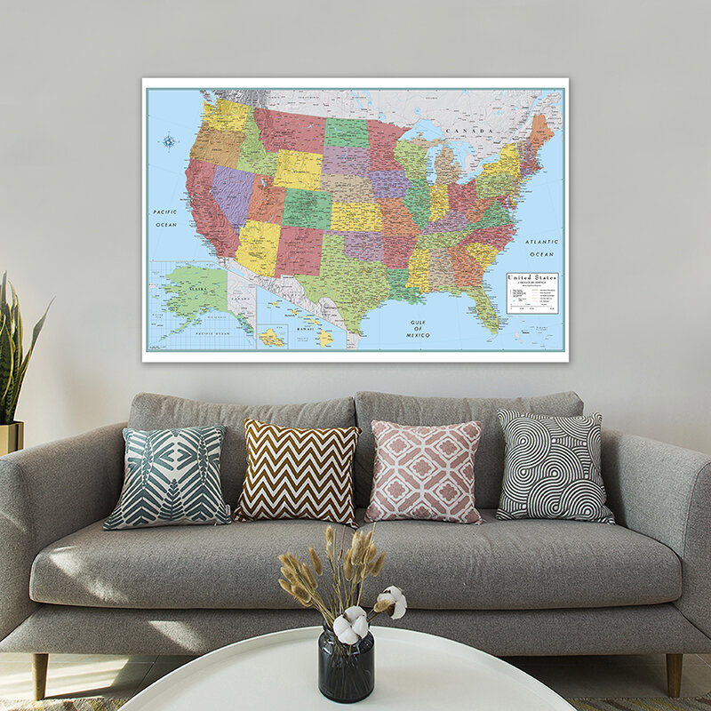 La carte administrative des États-Unis toile décorative murale, peinture, affiche d'art et impressions irritation, fournitures de chambre, décoration d'intérieur, 150x100cm
