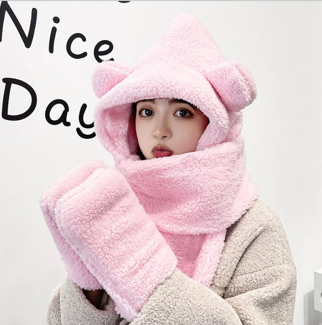리틀 베어 모자 스카프 가을 겨울 스카프 여성 모자 스카프 장갑 한 만화 귀여운 따뜻한 플러시 소녀 패션 핑크