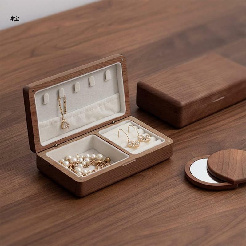 X5QE 부티크 블랙 호두 천으로 반지 팔찌 귀걸이에 대한 포켓 보석 보관 상자