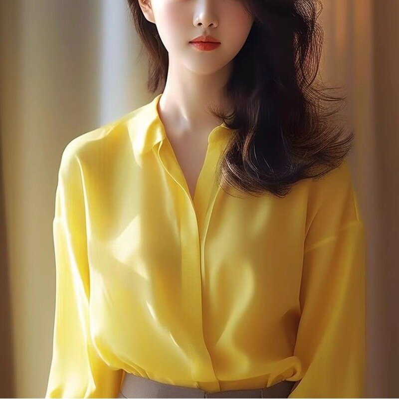 Minimalist Commuter Spring Summer New Blouses Women's Spliced Solid Polo Neck Button Fashion Loose All-match Long Sleeve Shirts
