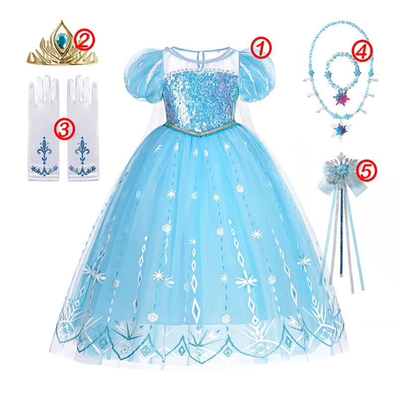 Gaun putri Disney Elsa, pakaian Cosplay Salju Ratu Frozen putih berpayet untuk anak perempuan