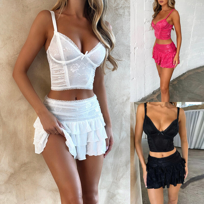 Women's SummerY2k V Neck Lace Floral Cami Tops and Tiered Ruffle Skirt Set Clubwear Sexy 2 Piece Outfits