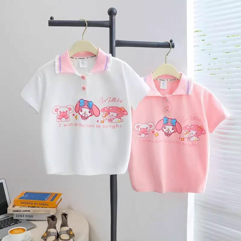 Anime Sanrios Kids Short Sleeve Kawaii My Melody Kuromi Cinnamoroll Boys Girls Cartoon Cotton T-Shirt Summer Fashion Lapel Tops