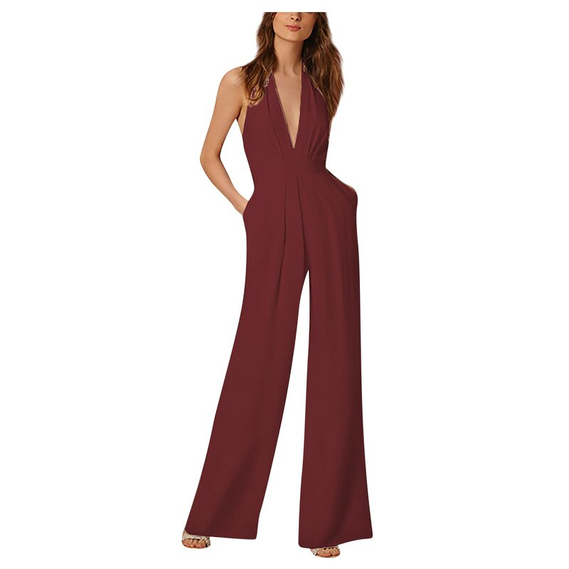 Women'S Banquet Dress Jumpsuits Sexy Hanging Neck Deep V Folds Rompers Elegant Fashion Solid Loose Wide Leg Trousers Jumpsuits