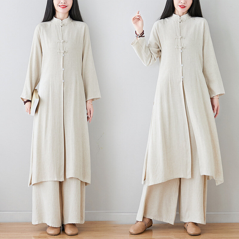 Spring Autumn Long Sleeve Cotton and Linen Tea Clothes Buddhist Chinese Style Suits for Women Kung Fu Uniform