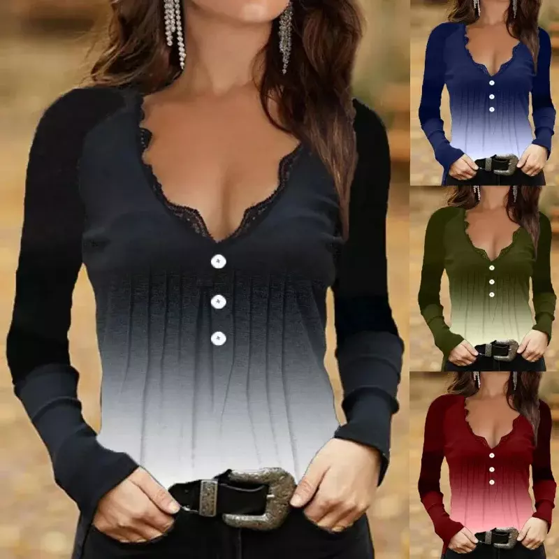 2023 Sommer Frauen Kleidung Mode tiefen V-Ausschnitt lässig Farbverlauf Pullover T-Shirt Langarm elegantes Hemd feste Farbe Top