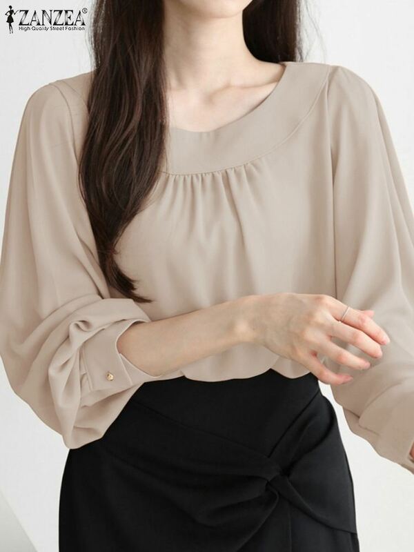 Zanzea blusas de manga comprida com gola redonda feminina, blusas de deslocamento, camisas plissadas elegantes casuais OL, túnica de cor sólida, primavera 2022