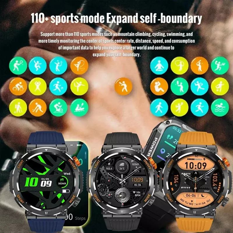 Smartwatch esportes ao ar livre para homens, luz de emergência, IP67 impermeável, chamada bluetooth, tela de toque completa, relógio lanterna, bússola, 2024