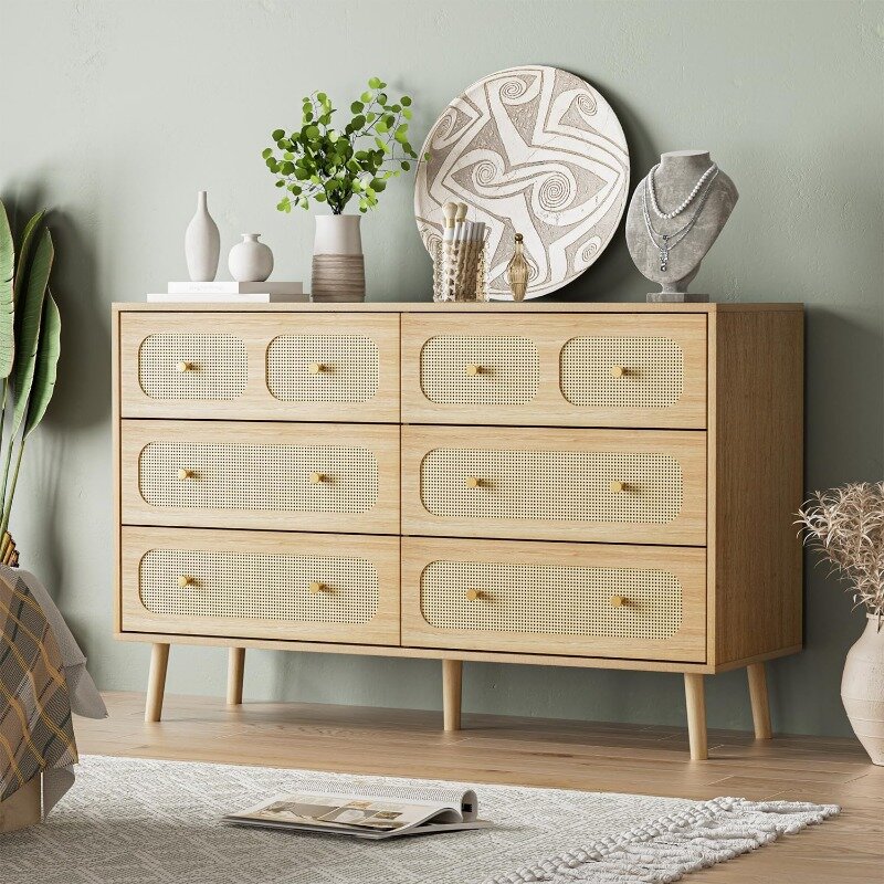 6 Drawer Double Dresser for Bedroom, Rattan Dresser with Gold Handles, Boho Chest of Drawers with Deep Drawers