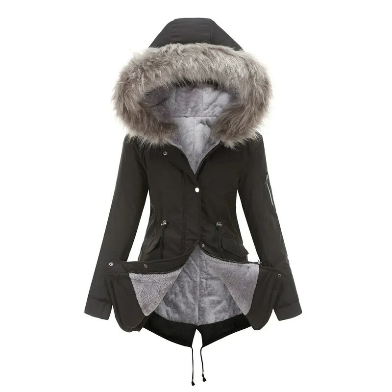 Parker parka mantel panjang berkerudung, jaket parka wanita musim dingin hangat bulu domba Plus pakaian bantalan katun Plus 2023