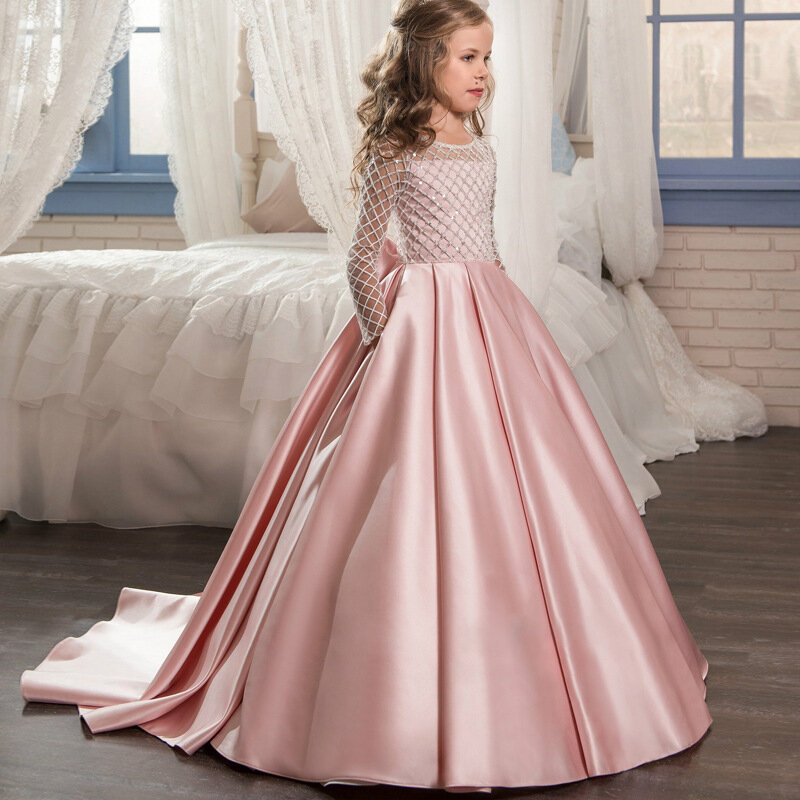 Vestido de princesa Glitter cetim infantil, vestidos de florista, manga comprida, primeira comunhão, aniversário, baile, festa de casamento, vestido de baile
