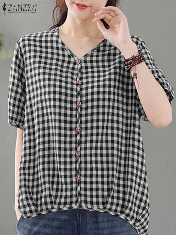 ZANZEA-blusa xadrez feminina, camisa gola V, tops de manga curta, tamanho grande, boêmio, vintage, casual, feriado, verão