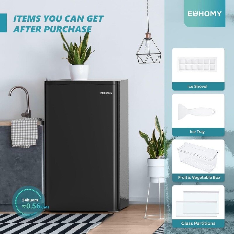 EUHOMY-Mini-frigorífico com congelador, frigorífico compacto de porta única, termostato ajustável, luz LED, 3,2 Cu. ft