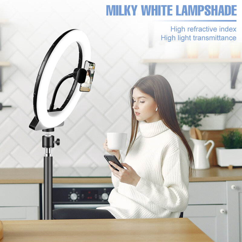 Anillo de luz LED para selfi, lámpara circular de relleno regulable con soporte de trípode, luz de fotografía para maquillaje en vivo
