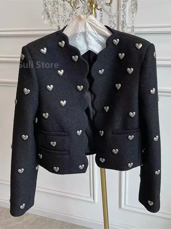Autumn Winter Fashion Heart Buckle Black Wool Tweed Short Jacket Coat Women Vintage Long Sleeve V Neck Wave Cardigan Outwear Top