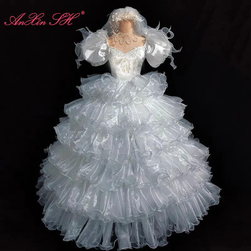 AnXin SH vintage white organza princess sweetheart beading pearl flower ruffles short puff sleeve bride Antique wedding dress NY