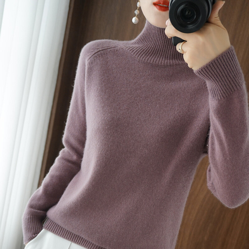 Suéter de caxemira de gola alta feminino, pulôver feminino, quente, branco, senhoras, Outono, 2023