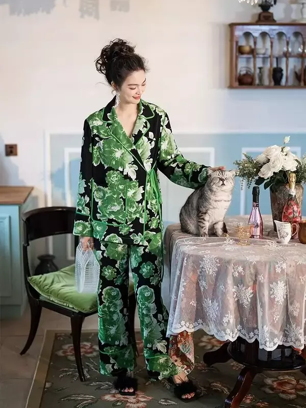 여성용 아이스 실크 긴팔 잠옷 세트, 우아한 컬러 블로킹 기모노 스트랩, 투피스 잠옷 홈웨어, 용수철 가을