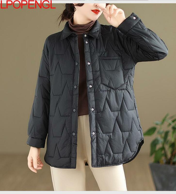Jaket panjang kasual longgar wanita Korea musim gugur musim dingin mantel berkancing sebaris hangat dan tebal jaket katun Streetwear sastra