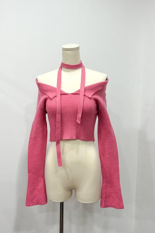 Korean Fashion Square Neck One Shoulder Short Sweater Women's Micro Flared Cuff Pure Desire Pullover Top Female Clothing