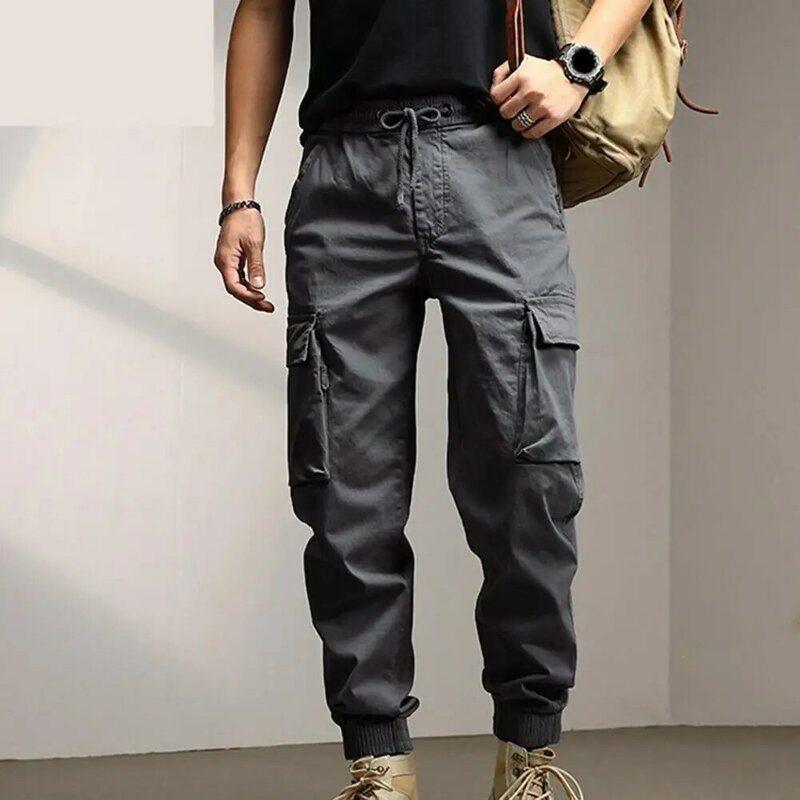 Men Cargo Pants Ankle-banded Loose Solid Color Multi Pockets Drawstring Elastic Waist Casual Men Sweatpants Long Trousers 바지