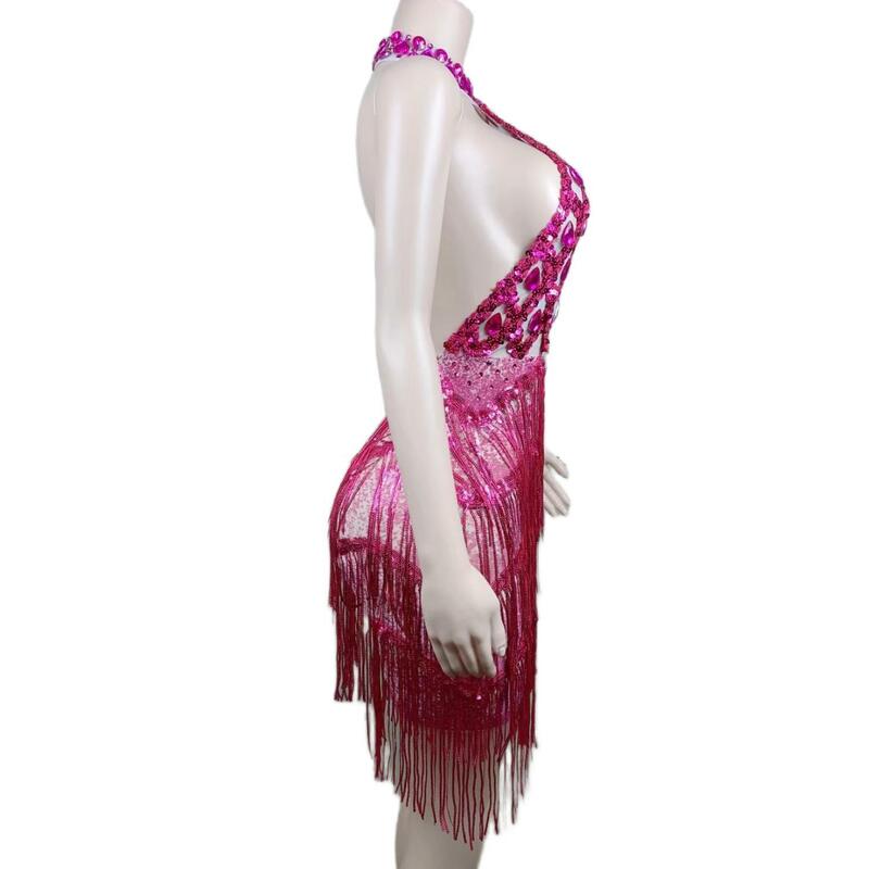Сексуальное прозрачное женское платье на день рождения, роскошное блестящее розово-красное платье с кристаллами, Черное короткое платье для выпускного вечера с бахромой Sanjiao