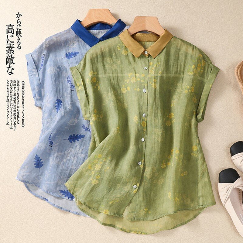 Women Summer Casual Shirt New Arrival 2024 Vintage Style Turn-down Collar Floral Print Female Short Sleeve Tops Shirts B3754