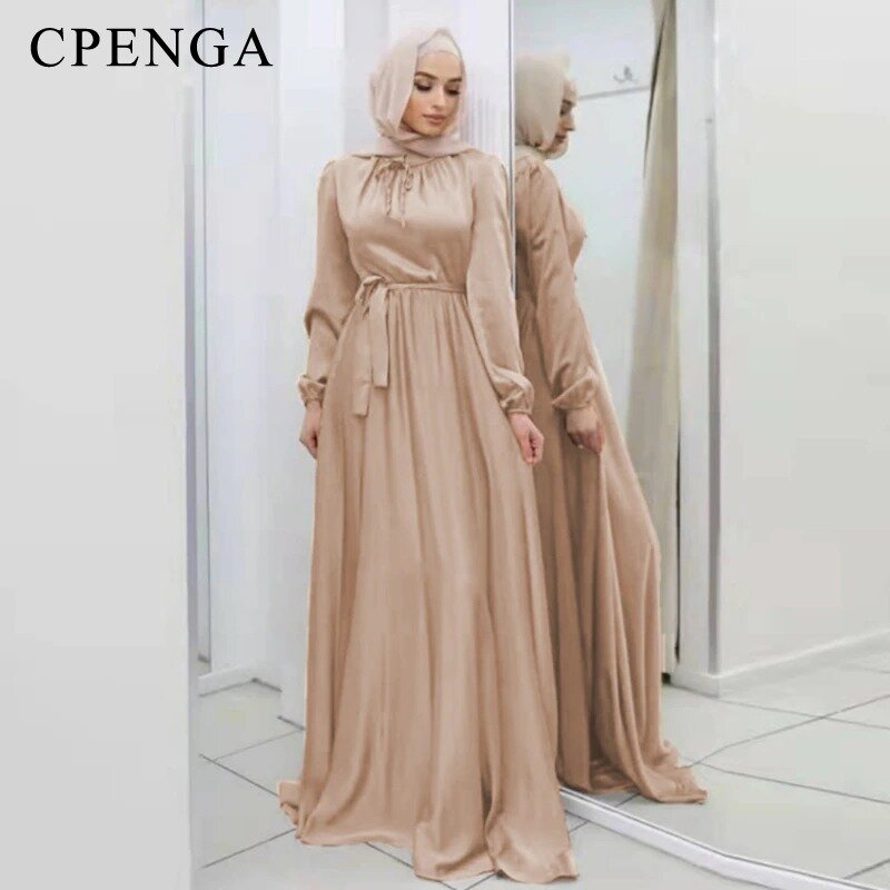히잡 새틴 드레스 라마단 이슬람 패션 벨트 아바야 두바이 터키 아랍어 아프리카 맥시 드레스 여성용 이슬람 의류 가운