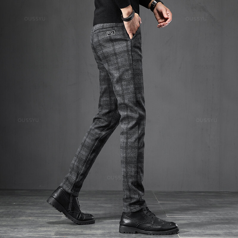 2024 New Spring Autumn England Plaid Work Stretch Pants Men Business Fashion Slim Grey Blue Casual Pant Male Brand Trousers 38