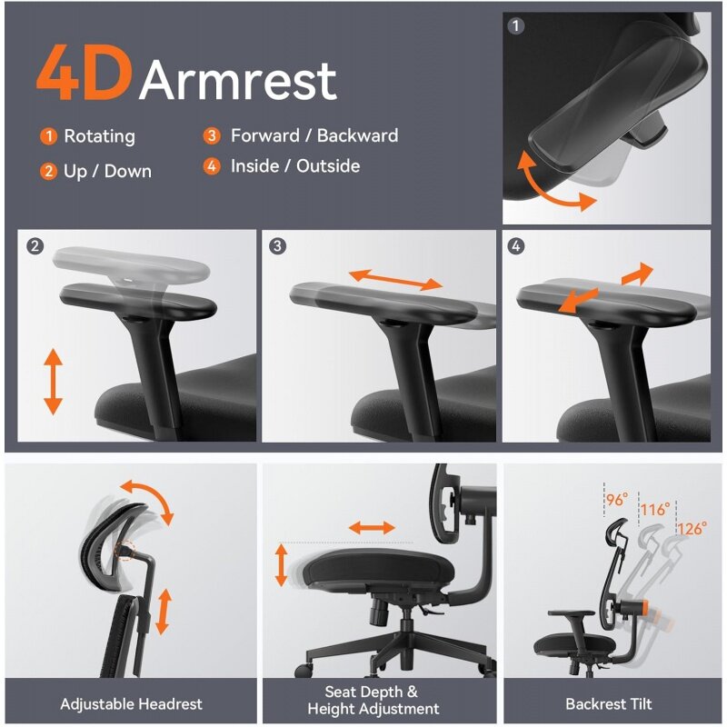 Newtral-Cadeira ergonômica do escritório, Home Office Desk, com apoio lombar adaptativo, Braço 4D, Encosto de cabeça ajustável, Mesh Back