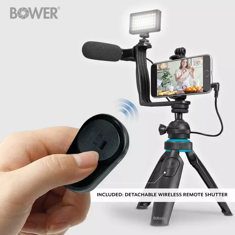Bower ultimate vlogger kit with 50 LED light, HD microphone, bracket, phone/action camera mount, shutter, and tripod