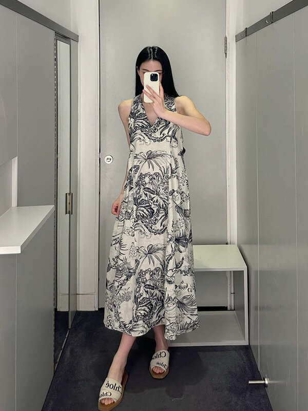 Женское льняное платье-миди с V-образным вырезом и цветочным принтом