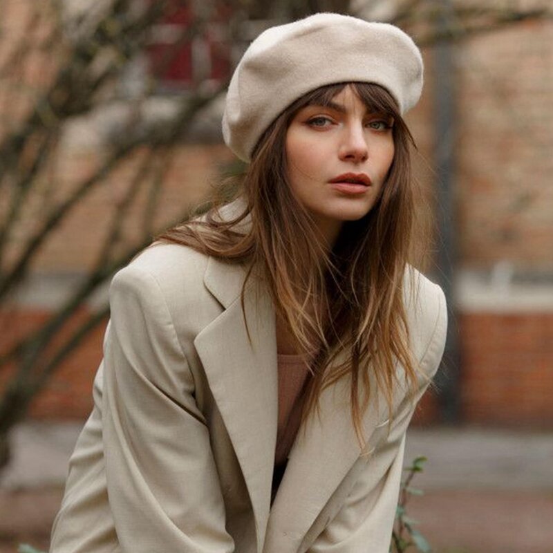Topi baret untuk wanita, topi Beanie gaya Perancis, topi rajut lapisan wol hangat modis musim dingin seniman