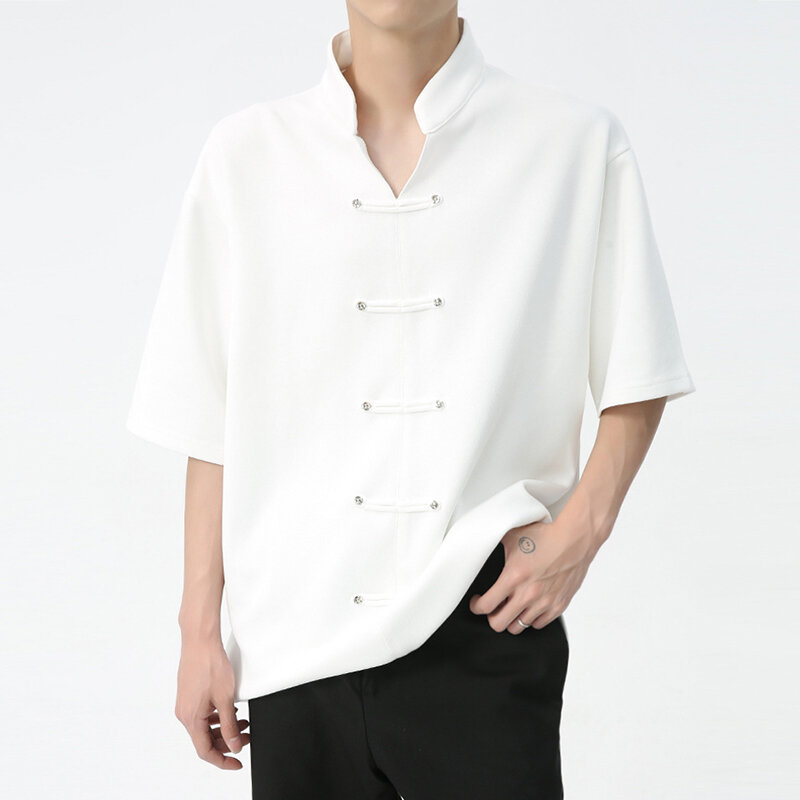 IEFB Męska koszula w jednolitym kolorze 2024 Summer New Chinese Style Disc Buckle Loose Casual Fashion Męska koszulka z krótkim rękawem 9C5557